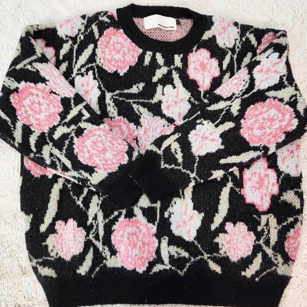 Pink Martini Large Oversized Sweater, Pullover, Crew Neck Large Pink Flowers
